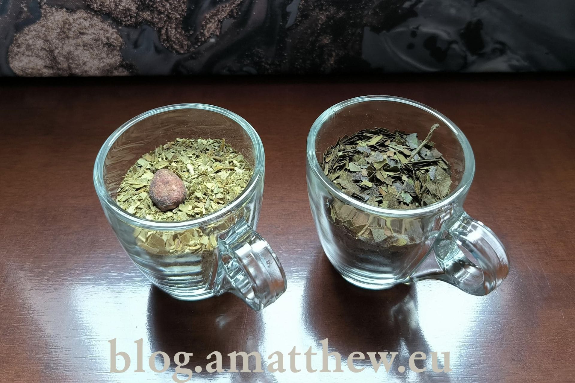 IMAGE: Yerba Mate with cocoa beans on the left. Guayusa with citrus grass on the right